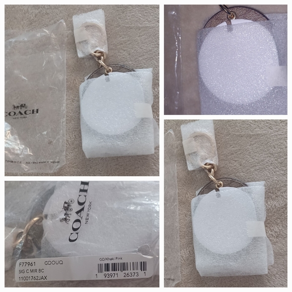 NWT Coach Signature Canvas Gold Khaki Pink Mirror Bag Charm Keychain Fob - Picture 6 of 15
